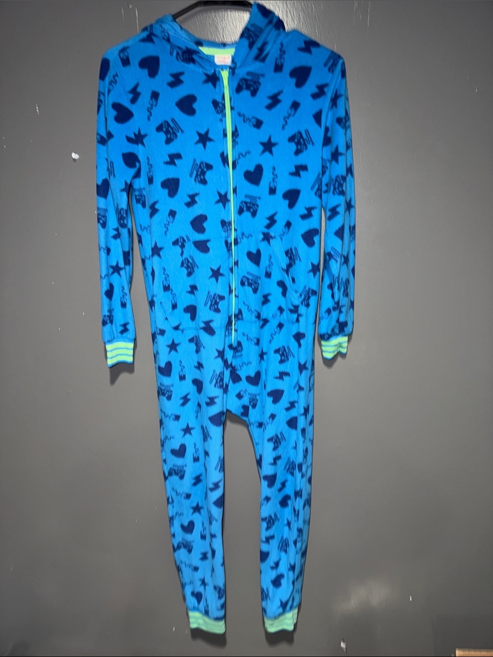 Cat & Jack Bright Blue Hooded One-Piece Footie with Navy Shapes